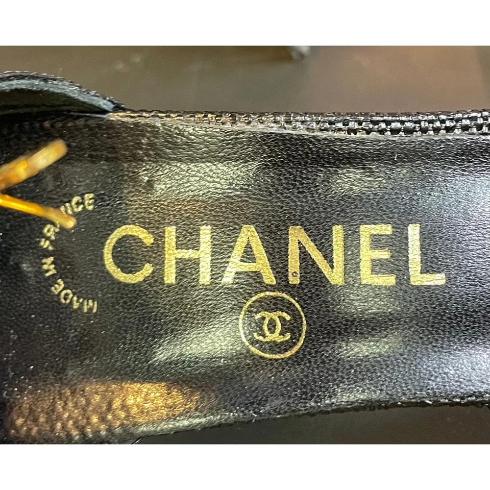 Chanel Womens EU 40 T Strap Pumps Black Woven CC Logo Pointed Toe Stiletto Heels